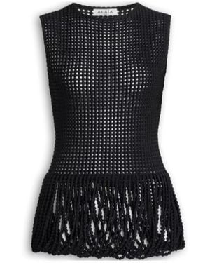 Alaïa Alaïa Openwork Fringe Peplum Top - Black
