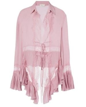 Blumarine Lace-Trimmed Sheer Georgette Blouse - Pink