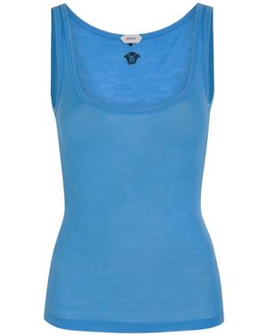 Versace Logo-Embroidered Cotton Tank Top - Blue