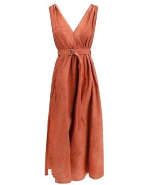 Brunello Cucinelli V-Neck Belted Midi Dress - Red