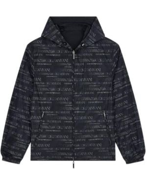 Emporio Armani Hooded Blouson Jacket With A Zip And An All-Over Print - Blue