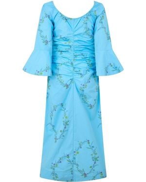 Ganni Floral-Print Ruched Midi Dress - Blue
