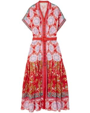 Saloni Riya Belted Pleated Floral-Print Linen-Voile Dress - Red