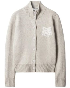 Maison Kitsuné Fox Head Intarsia Merino High Neck Cardigan - Grey