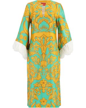 La DoubleJ Floral-Print Feather-Trim Silk Kaftan - Yellow