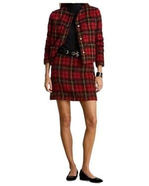 Ralph Lauren Mohair Plaid Pencil Mini Skirt - Red