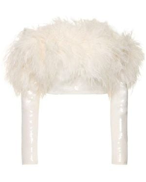 David Koma Sequin Feather Trim Top W/ Sleeves - White