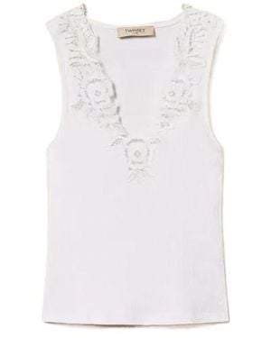 Twinset Lace Ribbed Top - White