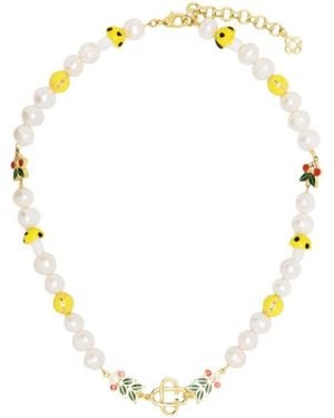 CASABLANCA Laurel Logo-Plaque Beaded Pearl Necklace - Metallic