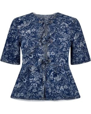 Ganni Cotton Poplin Peplum Tie Blouse - Blue