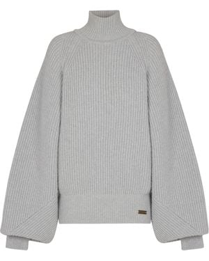 Balmain High-Neck Ribbed Knit Sweater - Gray