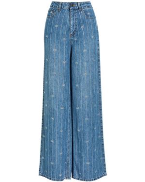 Self-Portrait Crystal-Embellished Wide-Leg Jeans - Blue