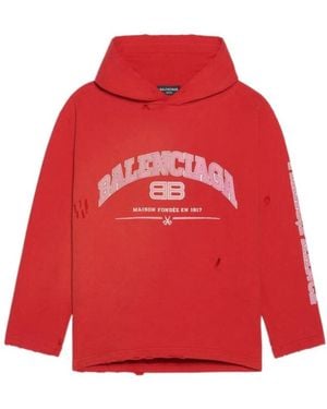 Balenciaga Distressed Logo Printed Hoodie - Red