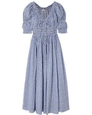 Doen Ischia Shirred Floral-Print Organic Cotton-Voile Midi Dress - Blue