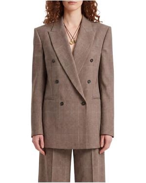 Frankie Shop Oversized Double-Breasted Plaid Blazer - Brown