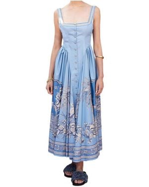 ALÉMAIS Villa Romantica Buttoned-Floral Midi Dress - Blue