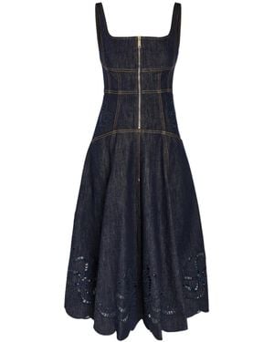 Self-Portrait Embroidered Paneled Denim Midi Dress - Blue