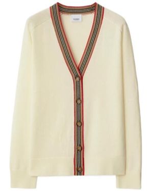 Burberry Icon Stripe Trim Wool Cardigan - Natural