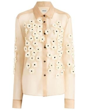 KHAITE Argo Floral Applique Silk Button-Down Top - Natural