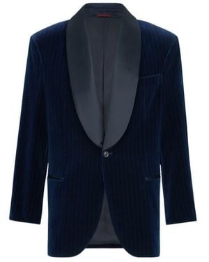 Brunello Cucinelli Cotton Chalk Stripe Velvet Tuxedo Jacket With Shawl Lapels - Blue