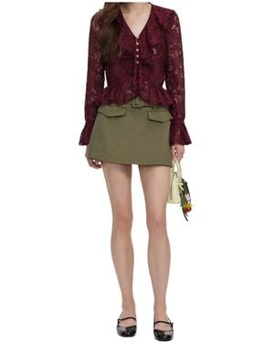 Self-Portrait Ruffled Lace-Overlay Top - Red