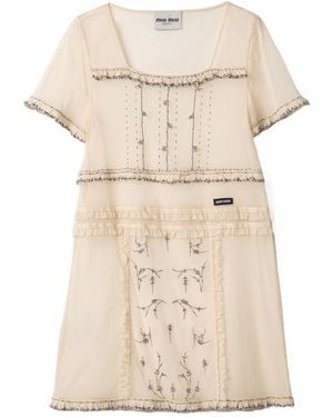 Miu Miu Embroidered Tulle Mini-Dress - Natural