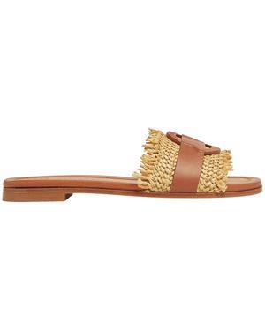 Moncler Bell Raffia Leather Sliders - Brown