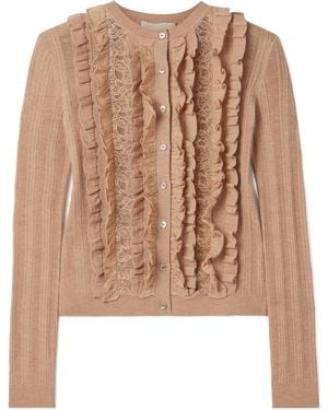 Ulla Johnson Maryel Lace-Trimmed Ruffled Ribbed Merino Wool Cardigan - Brown