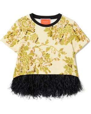 La DoubleJ La Doublej La Scala Feather-Trim T-Shirt - Yellow