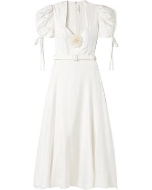 Rodarte Appliquéd Belted Silk-Twill Midi Dress - White