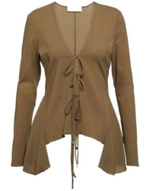 Blumarine Ruffled Tie-Front Wool-Blend Blouse - Green
