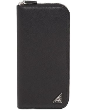 Prada Logo Plaque Zipped Wallet - Black
