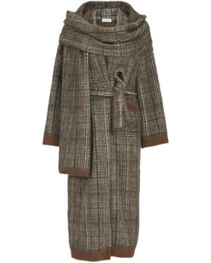 Brunello Cucinelli Mohair And Wool Prince-Of-Wales Double-Knit Coat With Scarf - Gray