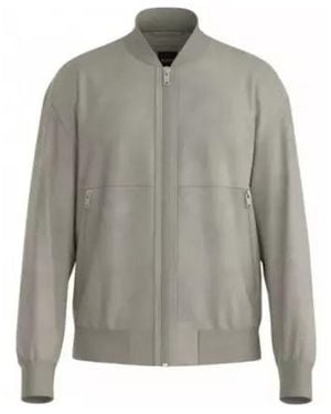BOSS Leather Bomber Jacket - Grey