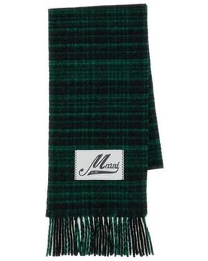 Marni Checked Logo Patch Fringed Scarf - Green
