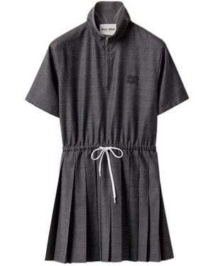 Miu Miu Prince Of Wales Pleated Short Dress - Black