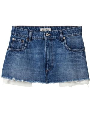 Miu Miu Logo Detailed Frayed-Hem Denim Skirt - Blue