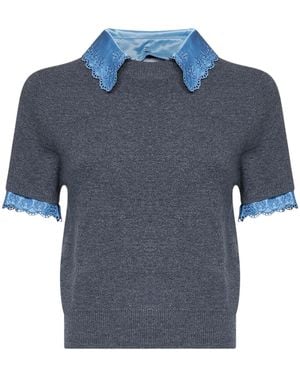 Rabanne Embroidered-Satin-Trim Short-Sleeve Sweater - Blue