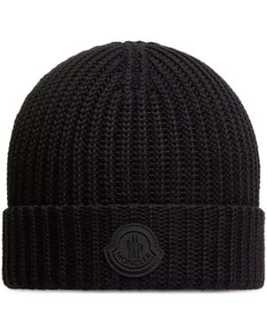 Moncler Logo Patch Knitted Beanie - Black