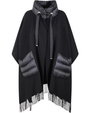 Herno High-Neck Fringed-Edge Drawstring Poncho - Black