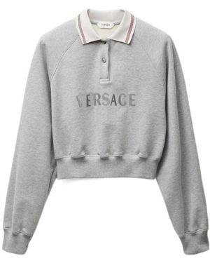 Versace Logo-Embroidered Cropped Sweatshirt - Gray