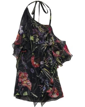 McQueen Silk Floral One-Shoulder Top - Black
