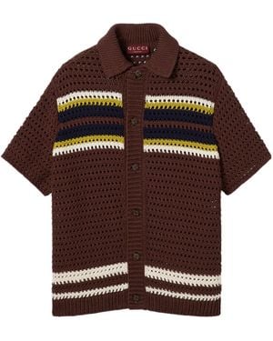 Gucci Crochet Cotton Knit Polo Shirt With Stripes - Brown