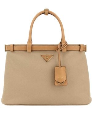 Prada Logo-Plaque Medium Top Handle Bag - Natural