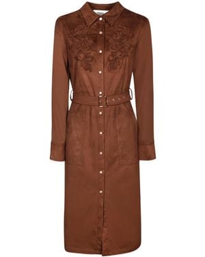 ERMANNO FIRENZE Embroidered Drawstring Midi Dress - Brown