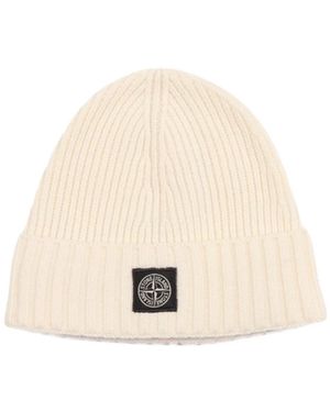 Stone Island Junior Logo Patch Ribbed Beanie - Natural
