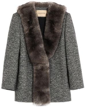 Valentino Long-Sleeved Coat With Fur Collar - Black