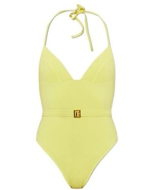 Balmain V-Neck One-Piece Swimsuit - Yellow