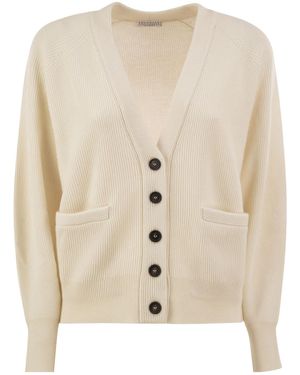 Brunello Cucinelli Ribbed Cashmere V-Neck Cardigan - Natural