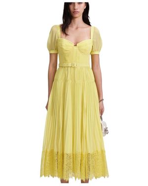 Self-Portrait Lace-Panelled Belted Pleated Midi Dress - Yellow